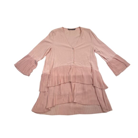 Zara Woman Dress Tunic Medium Pink‎ Pleated Tiered Layer Bell Sleeves - Picture 3 of 8